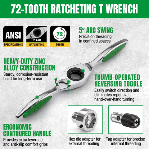 Top Notch 75 Piece Ratcheting Tap And Die Set Featuring SAE Metric Threads With Heavy Duty HSS Bits And Smooth 72 Tooth T Handle For Tight Quarters Rethreading Jobs That Rock, 72-tooth ratcheting T wrench
