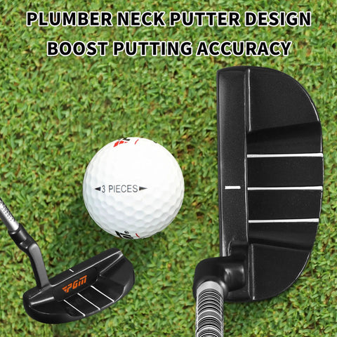 Junior Edition Kids Putter 24 Inch Right Handed With Soft Grip And Alignment Line Black Orange next to golf ball on grass