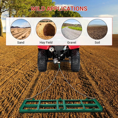 Heavy Duty 48 Inch Lawn Leveling Rake And Driveway Drag Harrow Tow Behind Tool with tractor on soil field