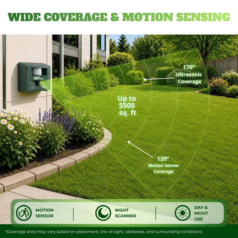 Yard Sentinel Ultrasonic Animal Repeller With 5500 Sq Ft Coverage And 24 Hour Motion Sensor, Night Scanner, Dual Ultrasonic And Sonic Alarm Tech To Keep Deer, Raccoon, Bear, Rabbit, Skunk And Fox Away, Includes 10m Extension Cord on yard wall