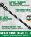 Three Eighths Inch Drive Pinless Universal Impact Extension Socket Set Built From Cr-Mo Steel For Maximum Torque And Flexible Reach In Tight Engine Bays, black 3/8 extension