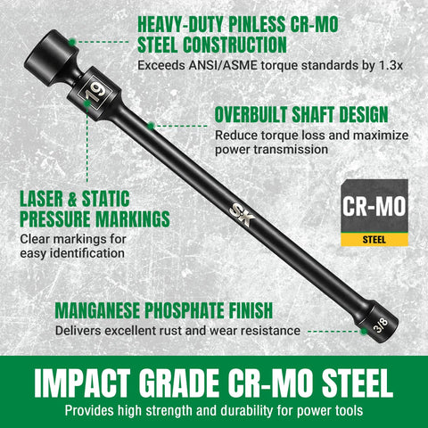 Three Eighths Inch Drive Pinless Universal Impact Extension Socket Set Built From Cr-Mo Steel For Maximum Torque And Flexible Reach In Tight Engine Bays, black 3/8 extension
