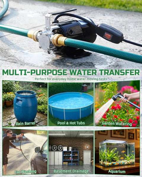 1/10HP Electric Water Transfer Pump With Two 6Ft Garden Hoses for hassle free rain barrel draining and reliable flood water removal.