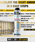 DIY Closed Cell Spray Foam Insulation Kit For Walls With 18 Cans calculation chart for coverage showing area and board feet.