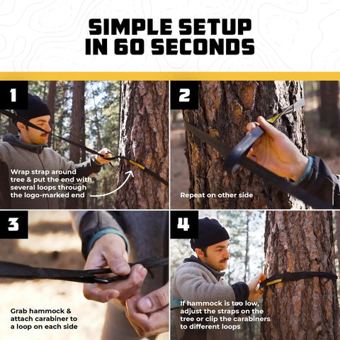 Guide showing easy setup of Portable Camping Hammock With Tree Straps Up To 400 Lbs Built For Outdoor Adventures Easy Setup In Seconds