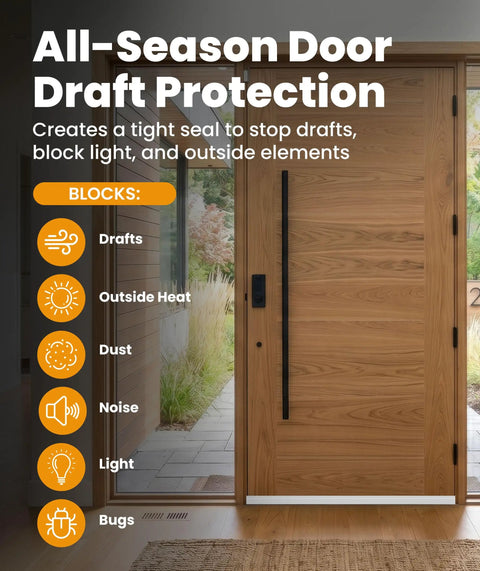 All-Season Door Draft Protection for blocking drafts, outside heat, light, and bugs using a sleek door seal.