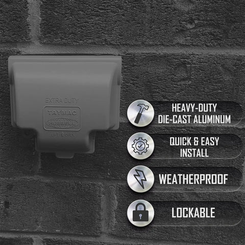 RaynGuard Extra Duty Built Tough Metal Weatherproof In-Use Outlet Cover for Outdoor 1-Gang Gray displayed on brick wall.