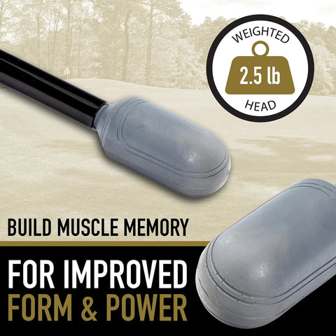 Golf Swing Tempo Trainer Warm Up Tool 48 Inch with 2.5lb weighted head for improved form and power in a scenic outdoor setting.