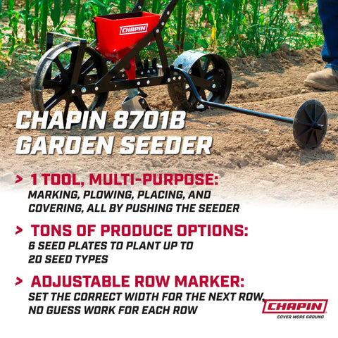 Garden Push Seeder Planter With Six Seed Plates For Up To Twenty Seed Varieties Zinc Plow Blade Row Marker Powder Coated Steel Frame In Red And Black For No Fuss Planting In Your Backyard Garden