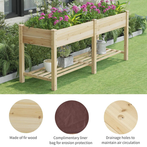 Big Ol Raised Garden Bed With Legs Wooden Planter Stand For Vegetables And Flowers, Large Planter Box With Divider, Liner Bag And Drainage Holes, Plus Bottom Storage Rack For Tools, 72 Inch Wide By 24 Inch Deep By 30.5 Inch Tall in garden setting.