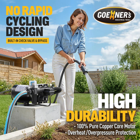 Woman using Beefy 110V Fresh Water Pump 6 GPM 70 PSI Self Priming Diaphragm Pump With Power Plug Pressure Switch for garden hose