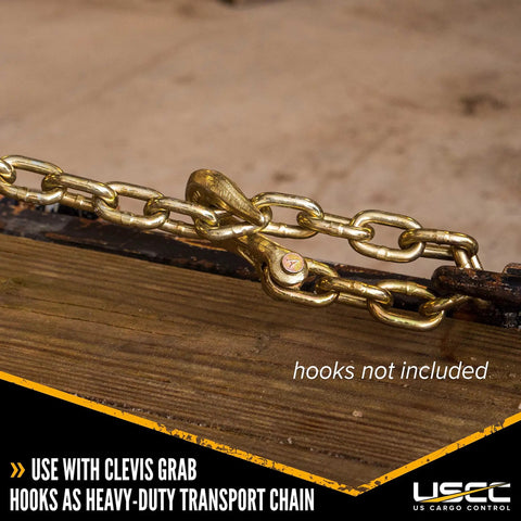 Top Shelf Grade 70 Chain 3 8 Inch By 400 Feet Heavy Duty Freight And Rigging Link with clevis grab hook on wooden surface.