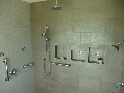 Bathroom with No-Brainer Tile Niche Recess For Bathrooms 14 By 14 Inch Preformed Shower Shelf showing three recessed shelves
