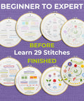 4 Piece Starter Embroidery Kit For Beginners And Pros With Simple Patterns Learn 29 Stitches By Hand Embroidery Set Includes Hoop 7.8 Inch Pre Printed Cloths And Plenty Of Thread For Easy At Home Crafting showing before and after stitch samples