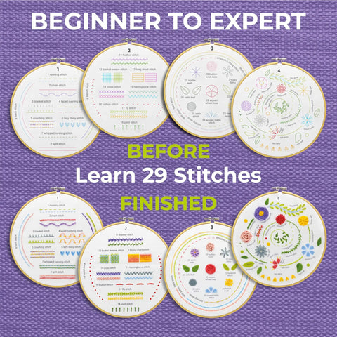 4 Piece Starter Embroidery Kit For Beginners And Pros With Simple Patterns Learn 29 Stitches By Hand Embroidery Set Includes Hoop 7.8 Inch Pre Printed Cloths And Plenty Of Thread For Easy At Home Crafting showing before and after stitch samples