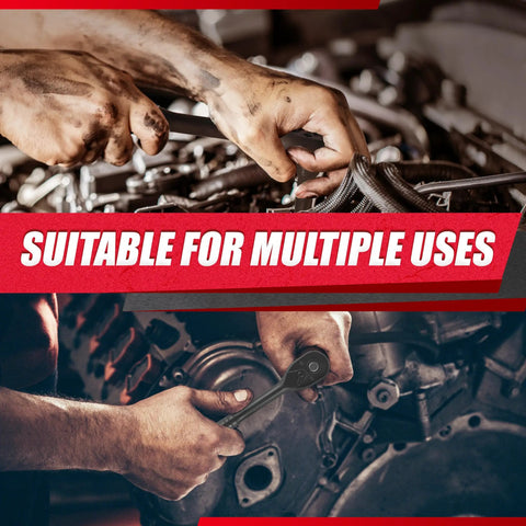 Hands using 64 Piece 3/8 Inch Socket Set With 72-Tooth Ratchet on automotive engine