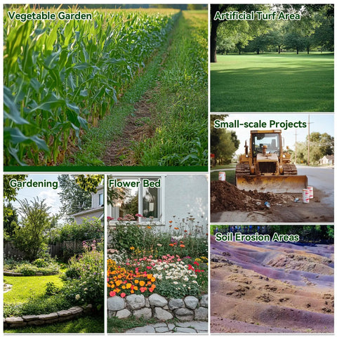 Collage showing applications: Vegetable garden, artificial turf, small-scale projects, gardening, flower bed, soil erosion areas