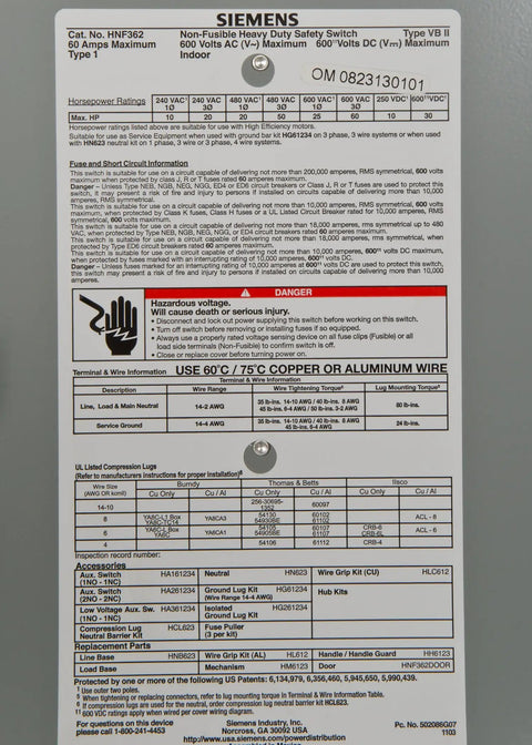 Label detailing specifications for Beefy 60 Amp 3 Pole 600V Non Fused Safety Switch with Type 1 Quick-Make Quick-Break mechanism