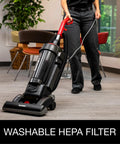 Heavy Duty Commercial Upright Vacuum Cleaner Featuring A Massive 15 Inch Wide Cleaning Path That Legit Crushes Carpet Dirt And Ground In Grime CRI Certified Beast Mode For Pro Cleaners in use, showing its washable HEPA filter.