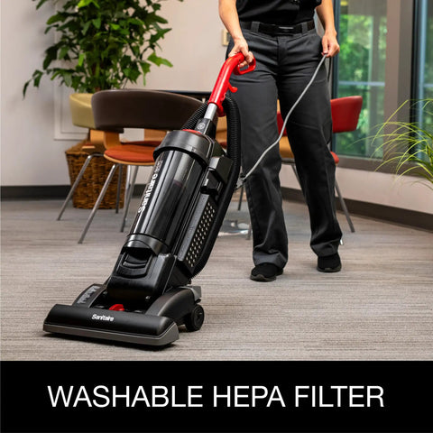 Heavy Duty Commercial Upright Vacuum Cleaner Featuring A Massive 15 Inch Wide Cleaning Path That Legit Crushes Carpet Dirt And Ground In Grime CRI Certified Beast Mode For Pro Cleaners in use, showing its washable HEPA filter.