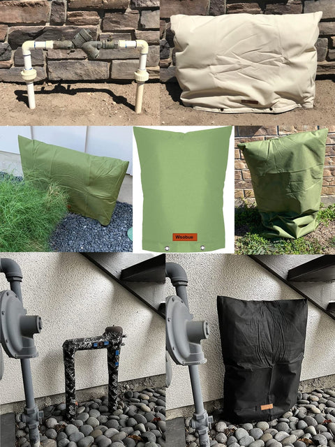 Backflow Preventer Cover Insulated Pouch Outdoor Pipe Insulation Cover Winter Freeze Protection Water Well Pump Cover Sprinkler Valve Cover Insulated Black 16W By 20H Weatherproof Thermal Padding For Frost And Snow, shown in various colors and installations.