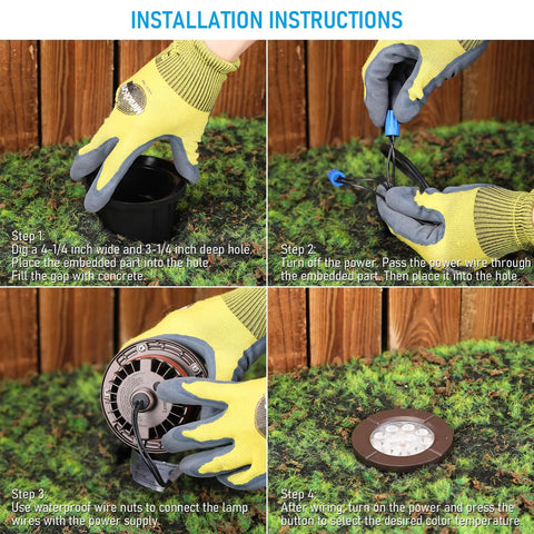 Installation steps for In Ground Well Lights Kit 4 Inch Flat Top, showing gloves and tools.