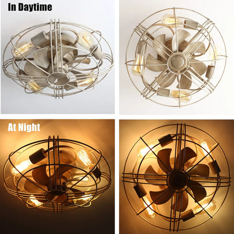 Blade-Less Farmhouse Ceiling Fan With Light and Remote Control, black finish, shown in daytime and nighttime settings, enclosed cage.
