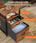 Dope 63 Inch L Shaped Desk With Built In Power Outlets And USB C Port showing file drawers and storage in rustic brown.