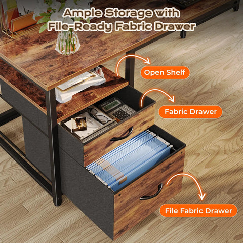 Dope 63 Inch L Shaped Desk With Built In Power Outlets And USB C Port showing file drawers and storage in rustic brown.