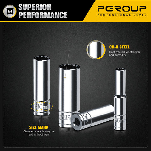 1/4 Inch Drive Deep Socket Set, 8 Piece Metric 12 Point From 6mm To 13mm, Chrome Vanadium Steel With Sturdy Holder, high torque grip shown