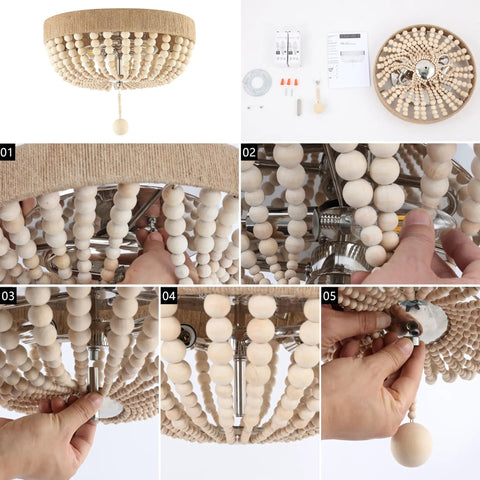 14 Inch Taupe And Polished Nickel Two Light Wood Bead Iron Flush Mount Ceiling Light installation process UL Listed LED