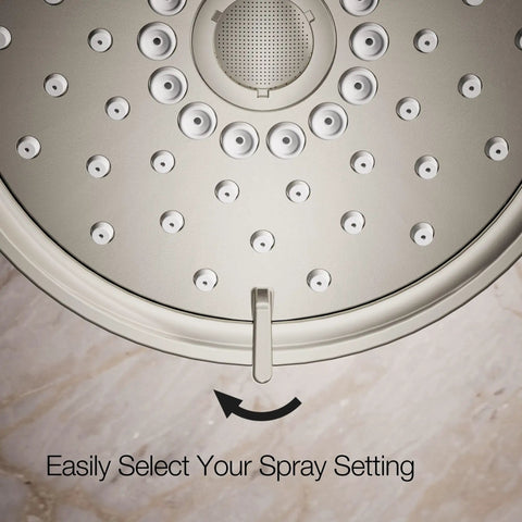Purist Three-Function Showerhead With Full Coverage, close-up of spray settings and polished nickel finish