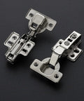 European Style Kitchen Cabinet Hinges With Silky Soft Close Action Half Overlay Design For Modern Frameless Doors 4 Pack close-up view of stainless steel hinges.