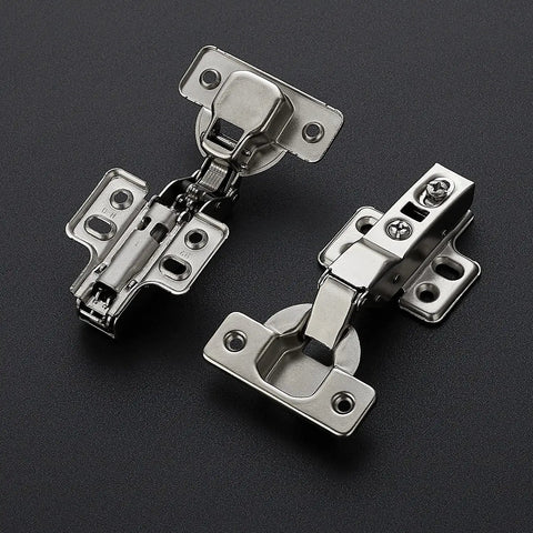 European Style Kitchen Cabinet Hinges With Silky Soft Close Action Half Overlay Design For Modern Frameless Doors 4 Pack close-up view of stainless steel hinges.