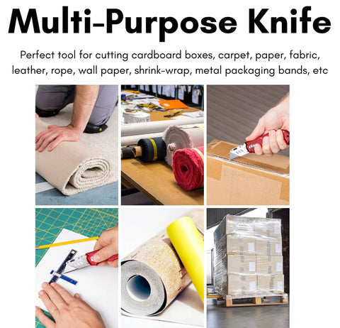 Retractable Utility Knife Set With Heavy Duty Razor Blade And 3 Extra Blades Refills, Built For Cardboard, Packages, Warehouse, Office, And Construction Jobs, Ergonomic Red Cutter For Quick, Clean Cuts, A Real Workhorse. Red metal utility knife cutting cardboard box