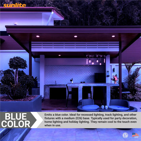 Blue LED PAR30 Flood Light Bulb 8W (75W Equiv) Short Neck Recessed E26 Base cool blue glow in outdoor setting, 3 pack box shown