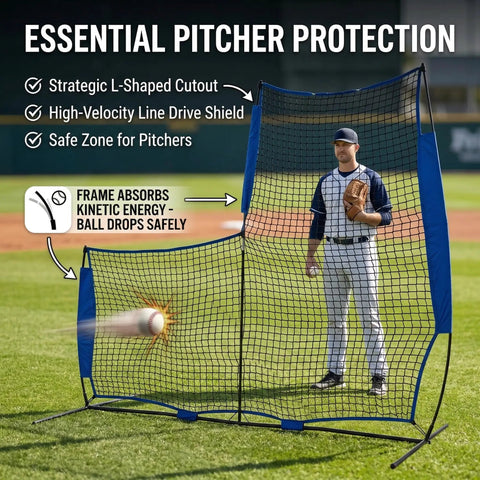 Baseball L Screen Pitching Net 7x7 Portable Pitcher Protector For Batting Cage with player and ball impact