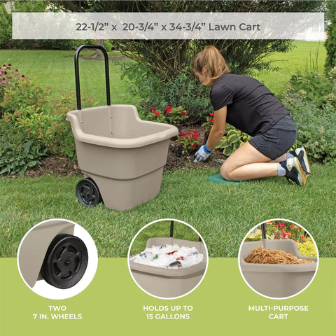 Taupe 15.5 Gallon Resin Garden Cart On Wheels Lightweight Two Wheel Wheelbarrow For Gardening Outdoor Tasks And Home Chores