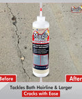 Tan 1.4 Lb Crack Filler For Concrete Masonry And Asphalt, Easy No Mess Pour And Water Activated Repair, Durable Weather Resistant Solution For Cracks And Gaps, DIY Concrete Repair Kit bottle with before and after crack repair result