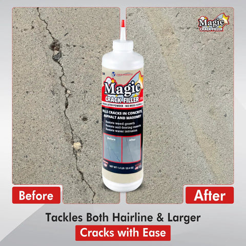 Tan 1.4 Lb Crack Filler For Concrete Masonry And Asphalt, Easy No Mess Pour And Water Activated Repair, Durable Weather Resistant Solution For Cracks And Gaps, DIY Concrete Repair Kit bottle with before and after crack repair result