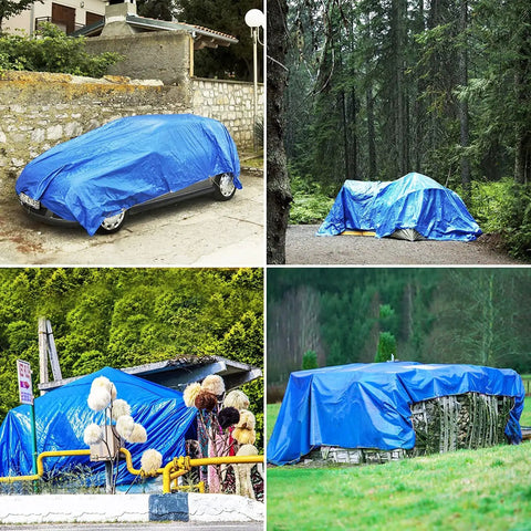 Heavy Duty Waterproof Tarp 20x30 Blue Poly Tarpaulin 16 Mil Thick With Metal Grommets Every 19.5 Inches covering various outdoor items