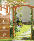 Arched-Top Wooden Garden Arch For Outdoor Use, 7.5 Ft Tall Trellis Arbor with vines, showcasing sturdy natural wood and metal connectors
