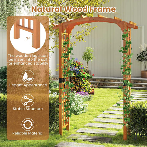 Arched-Top Wooden Garden Arch For Outdoor Use, 7.5 Ft Tall Trellis Arbor with vines, showcasing sturdy natural wood and metal connectors