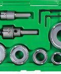 Greenlee 648 Quick Change Carbide Hole Saw Set For 1/2 To 2 Inch Conduit, steel cutter heads with arbor in storage case.