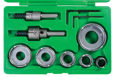 Greenlee 648 Quick Change Carbide Hole Saw Set For 1/2 To 2 Inch Conduit, steel cutter heads with arbor in storage case.