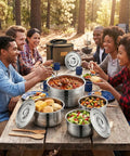 Group dining outdoors with Compact Stainless Steel Camping Cookware Set With Travel Tote Bag, 4 Piece Campfire Pots And Pans Kit visible.