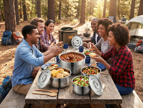 Group dining outdoors with Compact Stainless Steel Camping Cookware Set With Travel Tote Bag, 4 Piece Campfire Pots And Pans Kit visible.