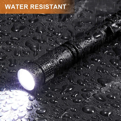 Six Piece LED Pen Lights With Clip Pocket Flashlights For Handy Checks, shown as water-resistant in rain.