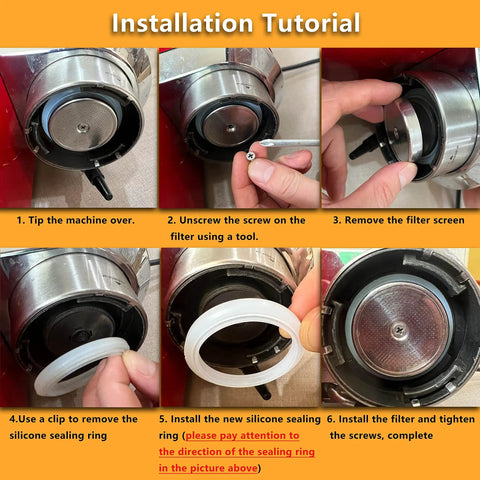 Step-by-step guide for installing 51 Millimeter Brewing Group Head Silicone Gasket Set 2 Pack O Ring For Delonghi and Smeg Espresso Machines.