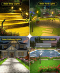 Solar Pathway Lights 4 Pack Outdoor Waterproof Garden Lighting for Driveway Walkway Patio Sidewalk Solar Powered with Cool to Warm White LEDs Easy Install Zero Hassle Setup and Weatherproof Design lighting stairs, yard, pathway, and pool area.